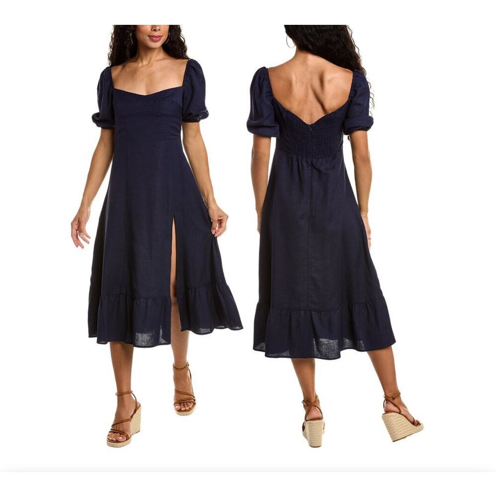 o.p.t Violetta Navy Puff Sleeve Smocked Back Midi Dress with Side Slit – Size M